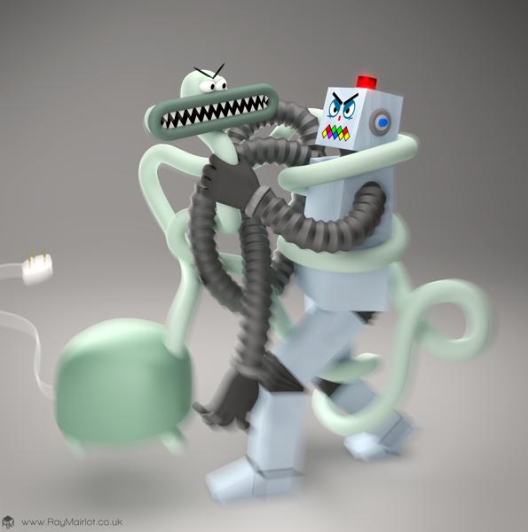 A 3D render of a cartoon vacuum cleaner fighting a cartoon robot. The vacuum cleaner has a very long neck which is twisted around the robot and the robot's long tube arms are twisted around the vacuum cleaner.